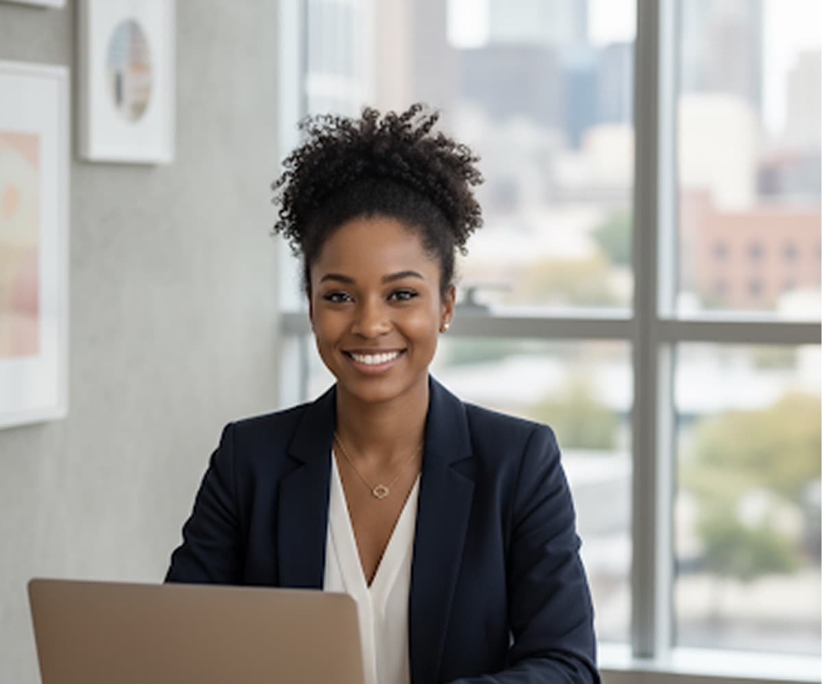 A business professional working on a laptop